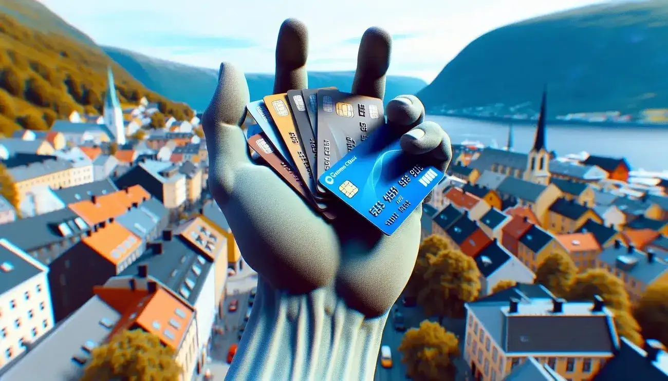 Hånd med kredittkort over by.