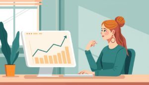 Kvinne ser pa stigende kredittscore-graf pa dataskjerm