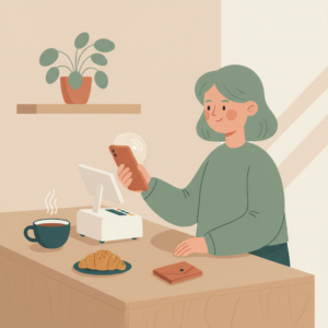 Mobilbetaling med kredittkort på betalingsterminal i Skandinavisk kafé