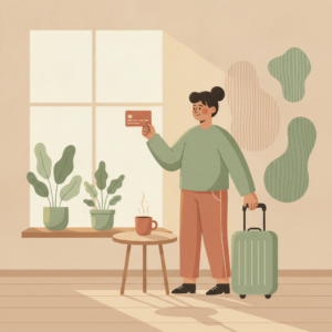 Person med koffert og kredittkort ved vinduet klar for reise med EuroBonus Premium Economy