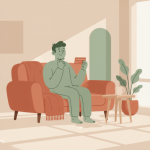 Person i sofa med kredittkort symboliserer valg mellom BankAxept eller Visa 2026