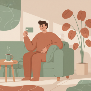 Person i sofa med kredittkort i hånden – forbrukerkredittdirektivet 2026