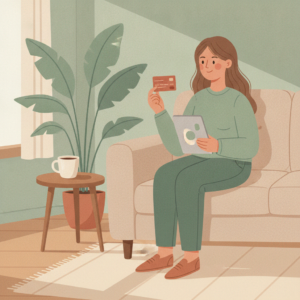 Person vurderer markedsføring av kredittkort hjemme i sofaen med nettbrett og kort