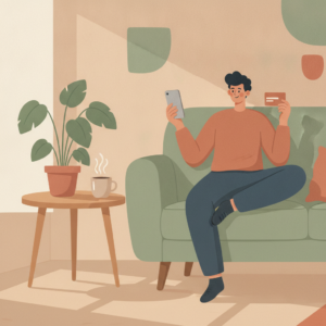 AI og kredittkort: person med mobil og Visa-kort i sofaen