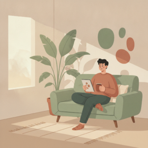 EuroBonus-poeng på forsikring: person i sofa med nettbrett og kaffekopp