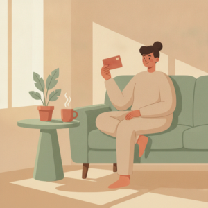 Minstebeløp på kredittkort illustrert med person i sofa som holder et kredittkort