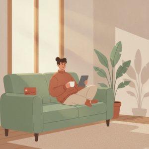 SAS Amex velkomstbonus: person i sofa med kredittkort og nettbrett